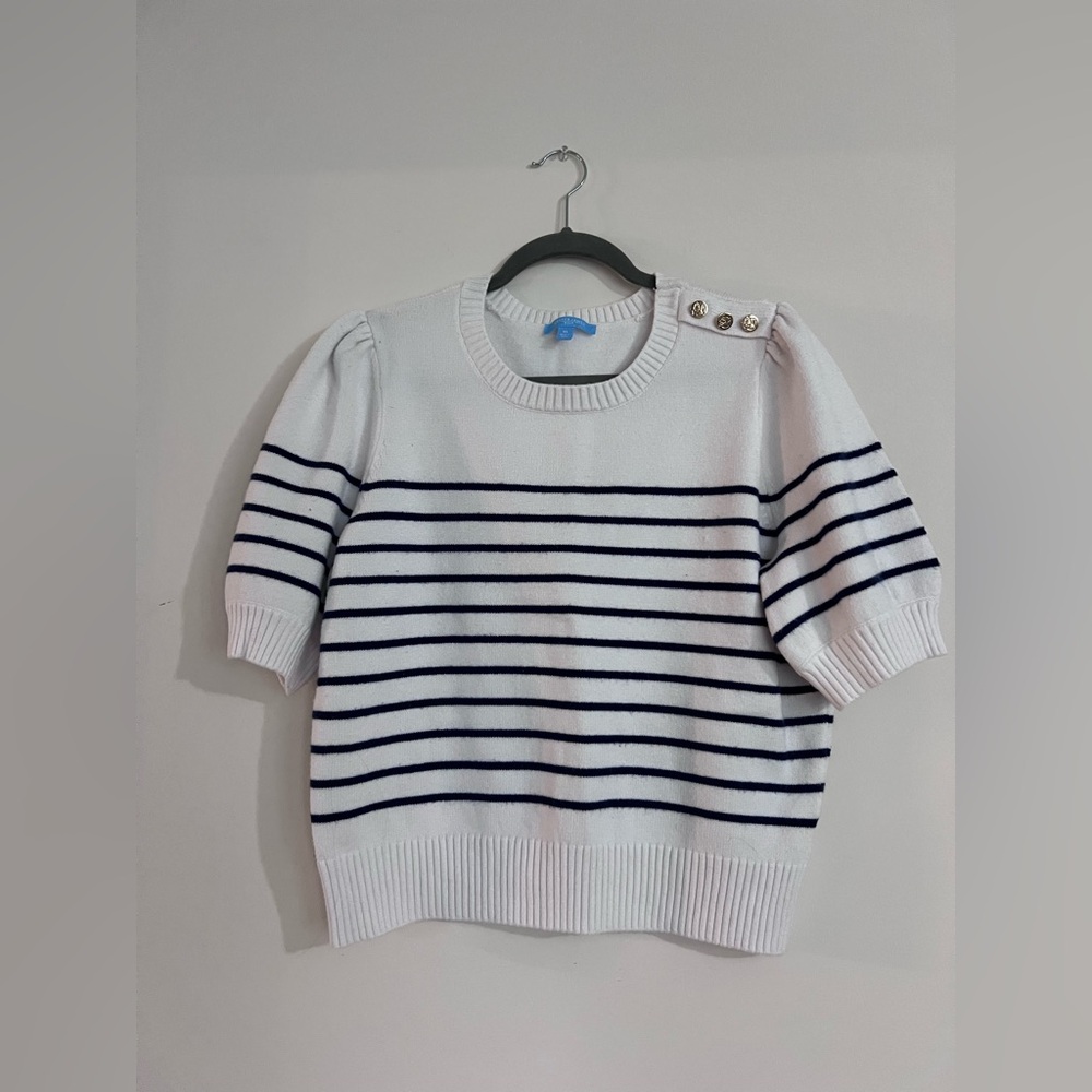 Draper James Navy Striped Button-Shoulder Sweater